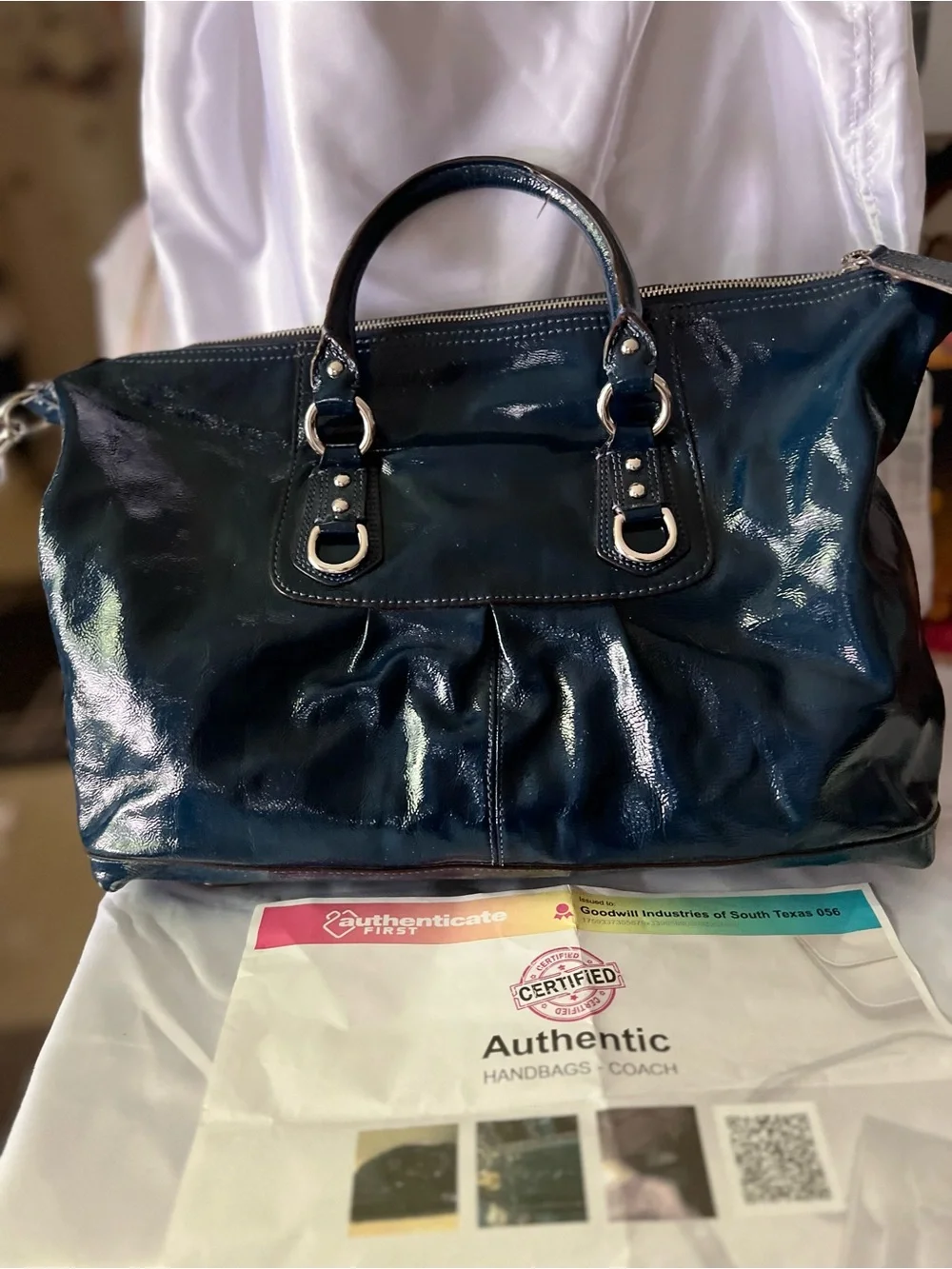 Coach Patent Leather Satchel in Navy Blue